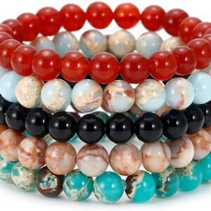 5PCS Semi Precious Gemstone Bracelets Unisex Yoga Beaded Crystal Stone